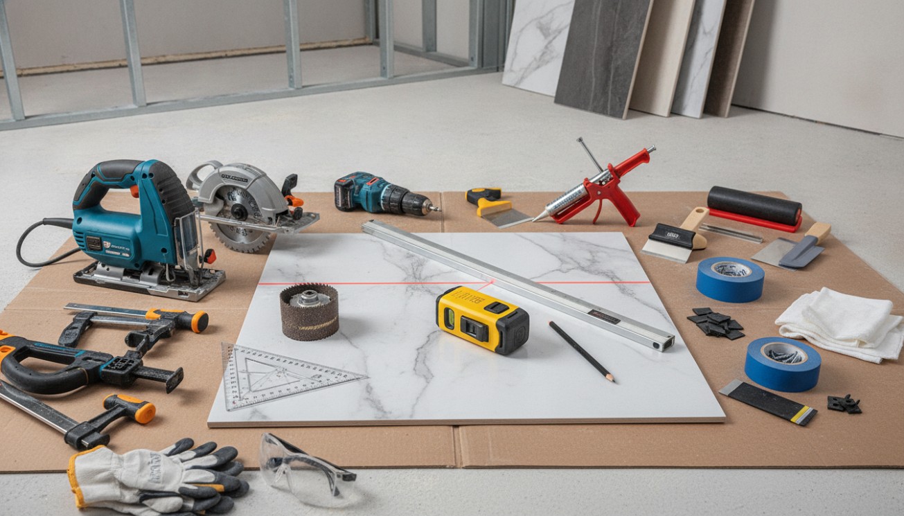 SPC wall panel installation tools including saw, drill, laser level, adhesive gun, trims, roller and safety gloves